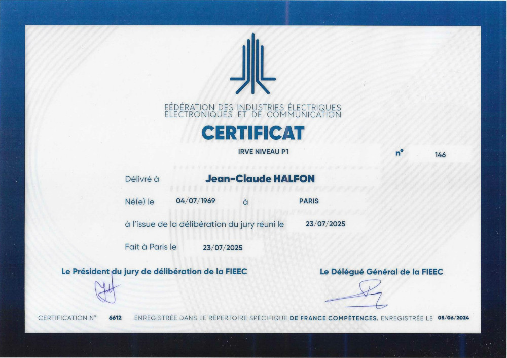 Certificat IRVE P1 de Jean-Claude Dan Halfon